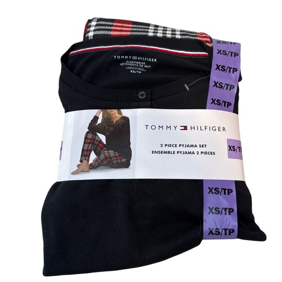 Tommy Hilfiger Pajama Set 2-Piece XS Black & Red Plaid Cotton Blend Sleepwear - Picture 2 of 6
